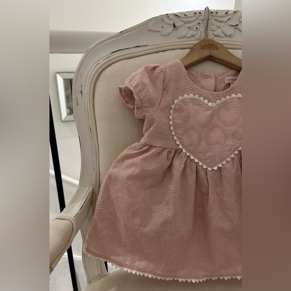 🦢 24 Mth Dusty Rose Embroidered Heart Baby Dress with White Trim 3 Piece Set NWT - Picture 5 of 13